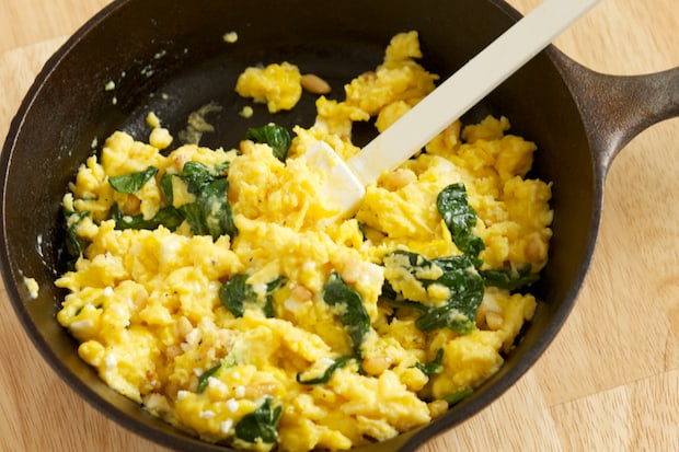 Scrambled Eggs with Spinach, Feta, and Pine Nuts 