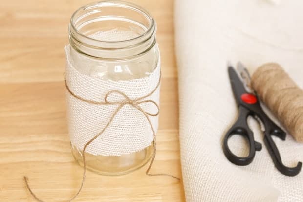 6 Natural 6 in Round Burlap and White Lace Jar Covers with Jute String