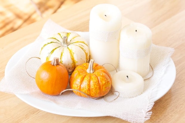 Pumpkin Centerpiece with Burlap Wrapped Candles | Get Inspired Everyday!