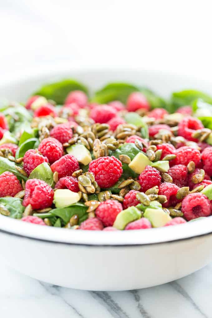 Raspberry Spinach Salad with Caramelized Garam Masala Pumpkin Seeds | Get Inspired Everyday!