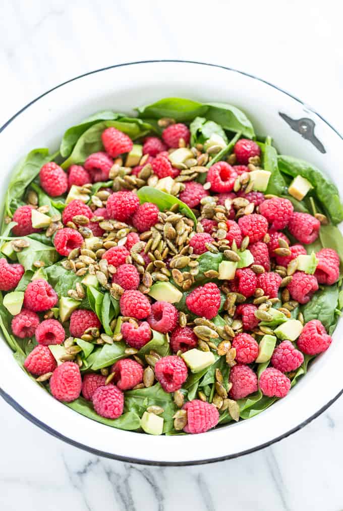 Raspberry Spinach Salad with Caramelized Garam Masala Pumpkin Seeds | Get Inspired Everyday!