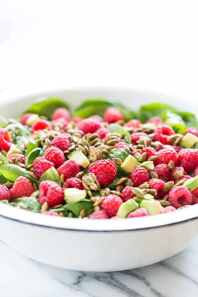 Raspberry Spinach Salad with Caramelized Garam Masala Pumpkin Seeds | Get Inspired Everyday!