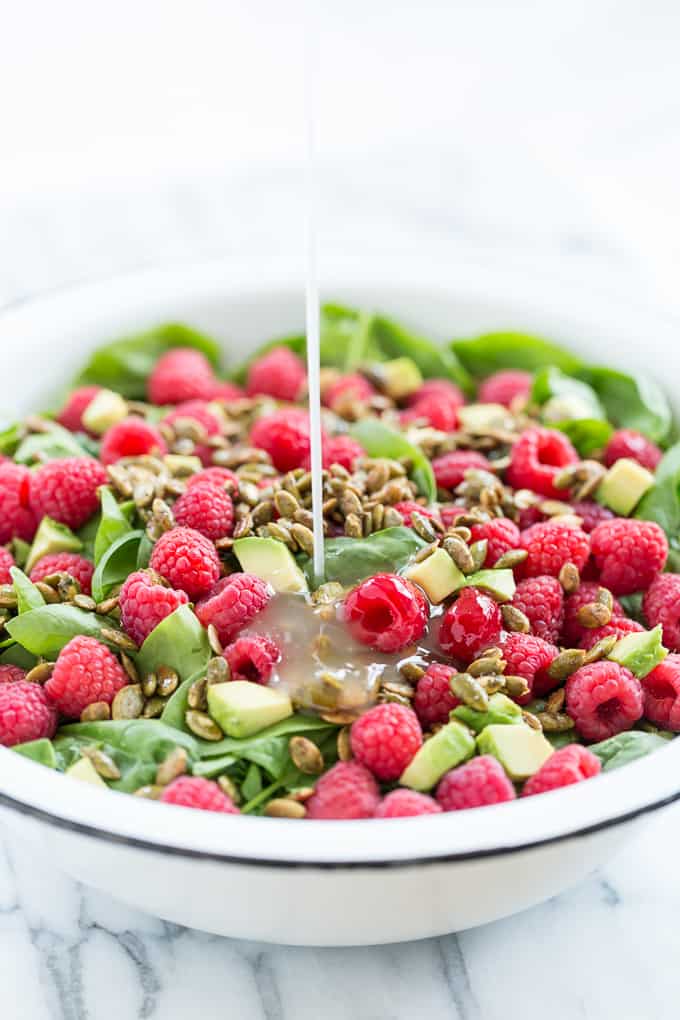 Raspberry Spinach Salad with Caramelized Garam Masala Pumpkin Seeds | Get Inspired Everyday!