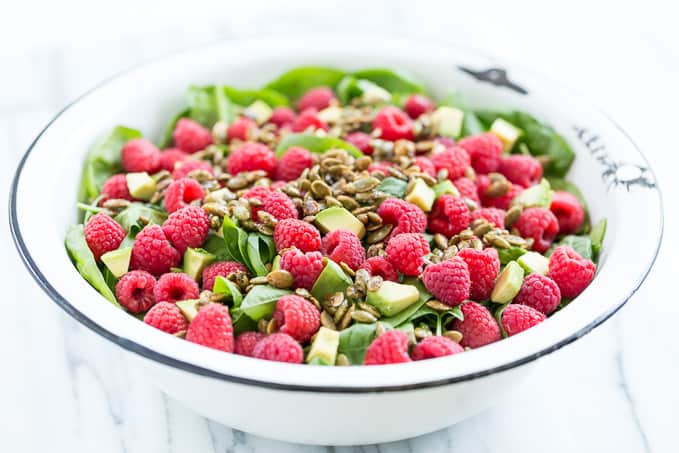 Raspberry Spinach Salad with Caramelized Garam Masala Pumpkin Seeds | Get Inspired Everyday!