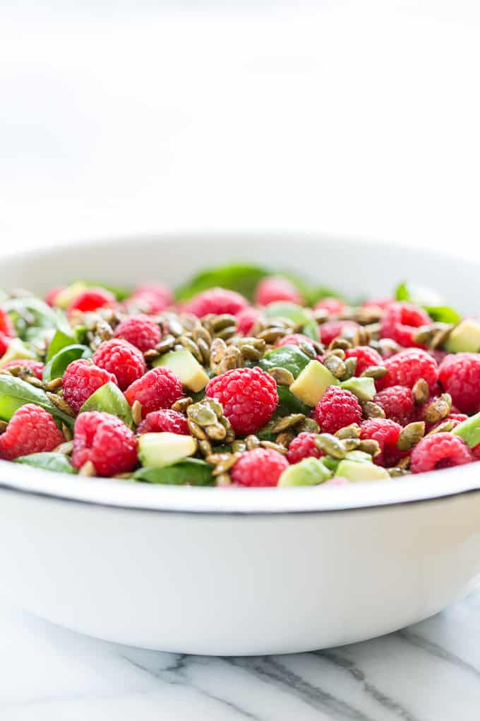 Raspberry Spinach Salad with Caramelized Garam Masala Pumpkin Seeds | Get Inspired Everyday!