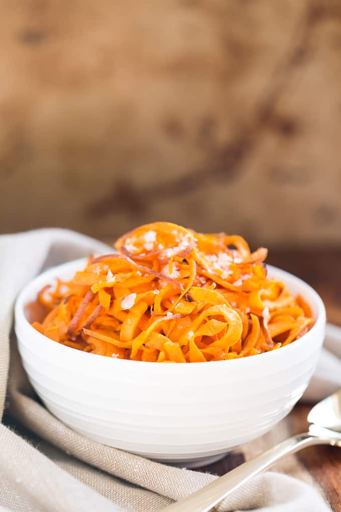 Spicy Spiralized Sweet Potato Fries (Gluten-Free, Paleo, Oil-Free)