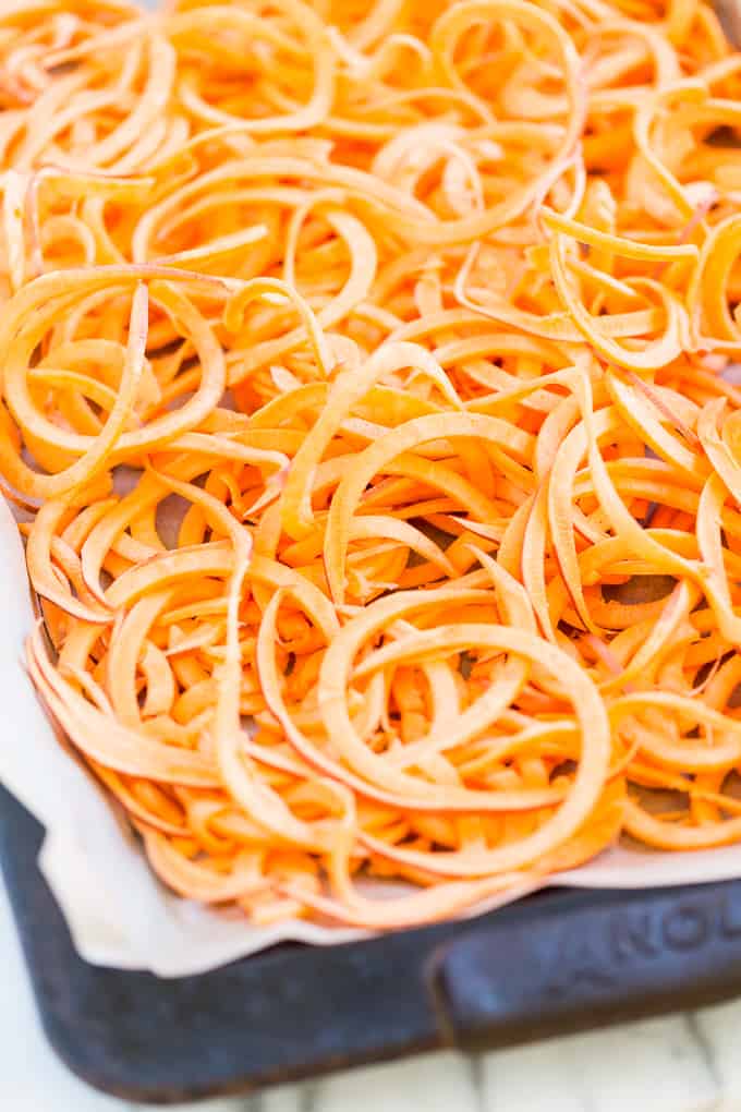 Spiralized Sweet Potatoes with Garlic and Onions • Great Food and