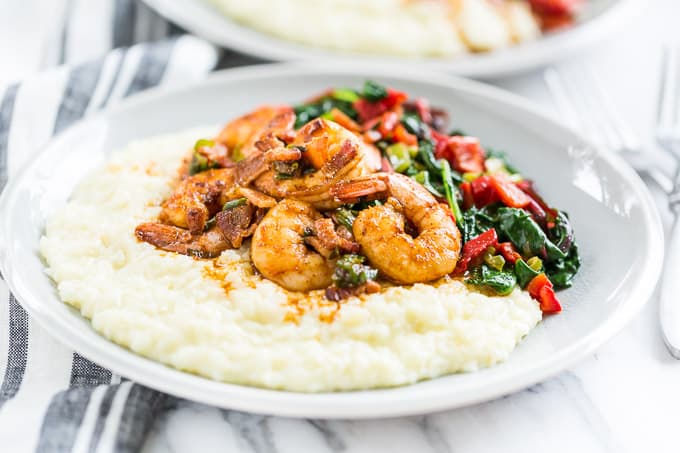 Cajun Shrimp and Cauliflower Grits with Greens