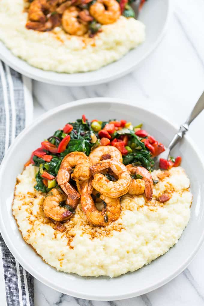 Cajun Shrimp and Cauliflower Grits with Greens | Get Inspired Everyday!