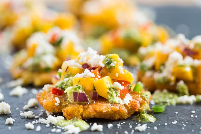 Tostones with Mango Salsa and Cilantro Chimichurri