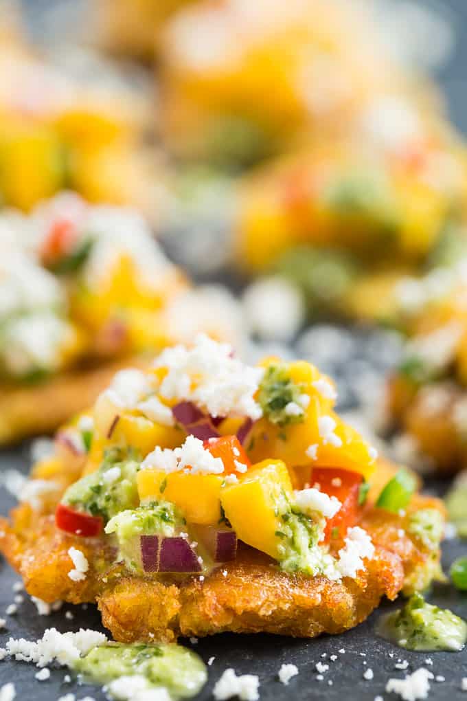 Tostones with Mango Salsa and Cilantro Chimichurri | Get Inspired Everyday!