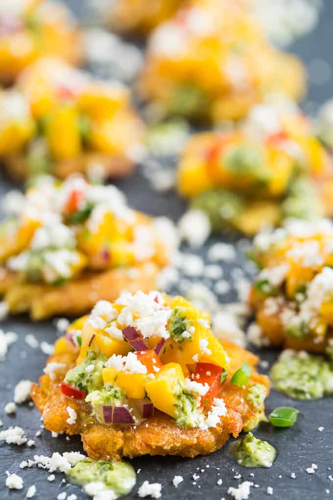 Tostones with Mango Salsa and Cilantro Chimichurri | Get Inspired Everyday!