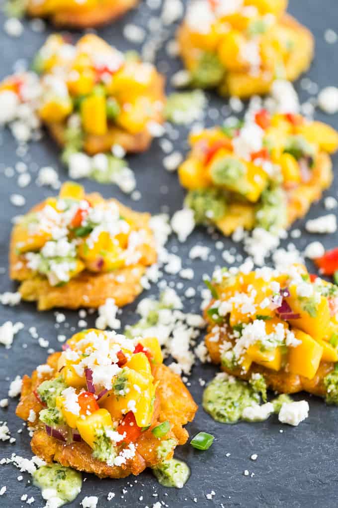 Tostones with Mango Salsa and Cilantro Chimichurri | Get Inspired Everyday!