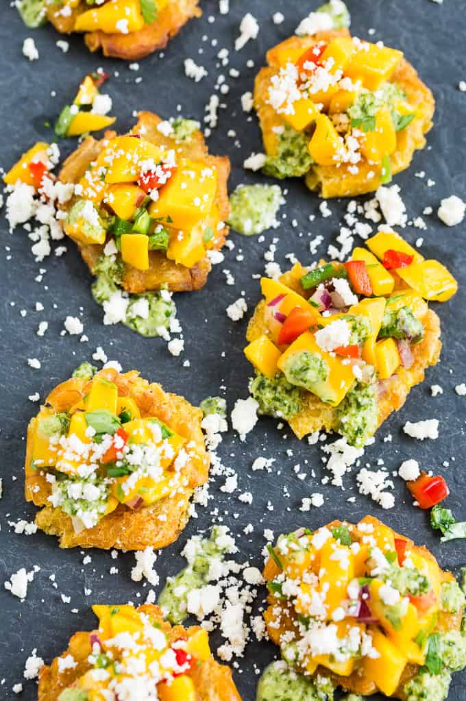 Tostones with Mango Salsa and Cilantro Chimichurri | Get Inspired Everyday!