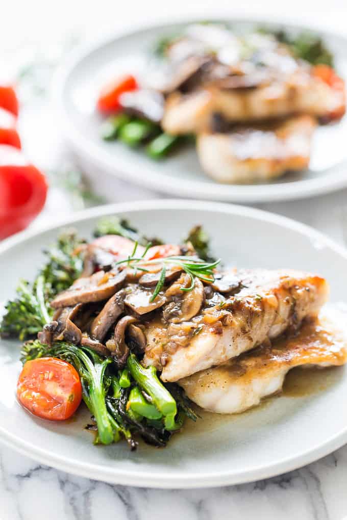 Pan Fried Rockfish with Quick Rosemary Mushroom Sauce and Broccolini | Get Inspired Everyday!