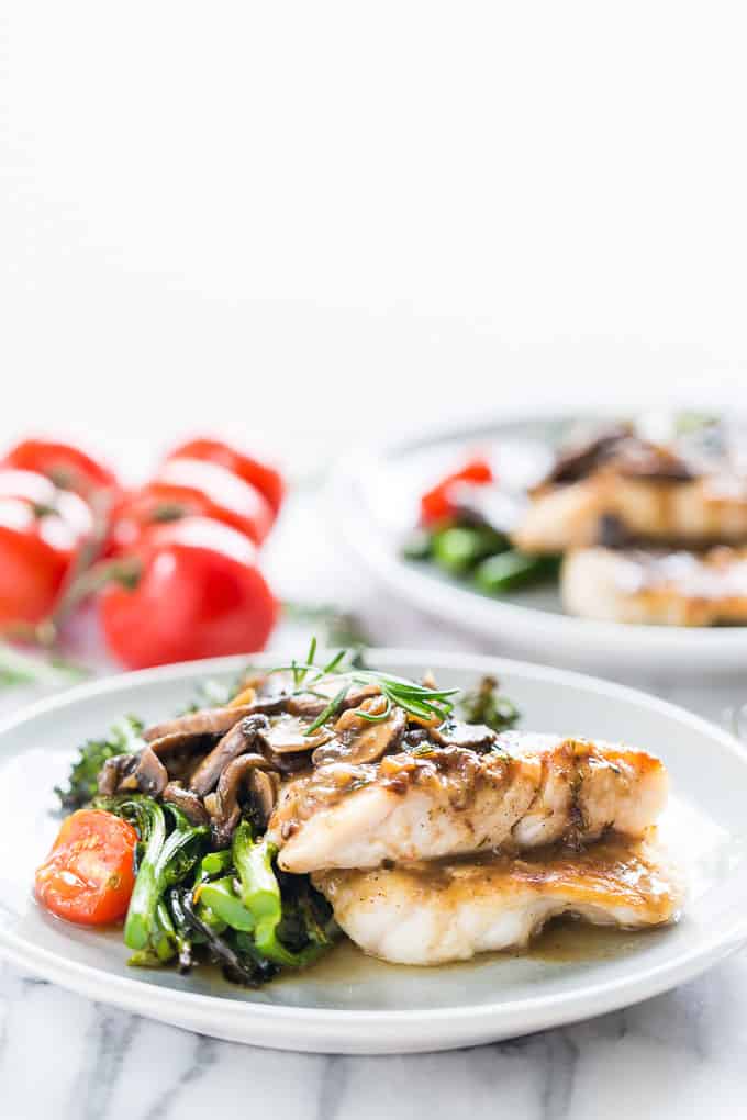 Pan Fried Rockfish with Quick Rosemary Mushroom Sauce and Broccolini | Get Inspired Everyday!