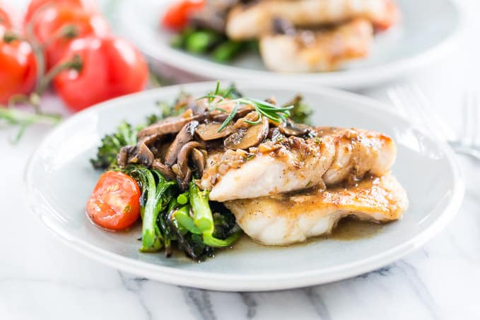 Pan Fried Rockfish with Quick Rosemary Mushroom Sauce and Broccolini | Get Inspired Everyday!