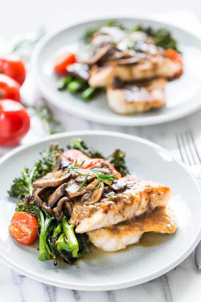Pan Fried Rockfish with Quick Rosemary Mushroom Sauce and Broccolini | Get Inspired Everyday!