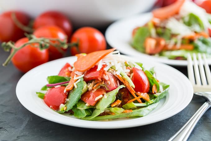 Pepperoni Pizza Salad with Homemade Italian Dressing | Get Inspired Everyday!