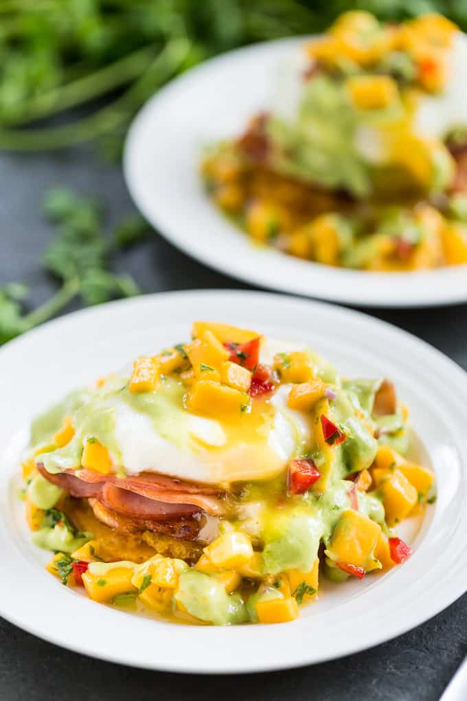 Tostones Eggs Benedict with Mango Salsa and Avocado Hollandaise | Get Inspired Everyday!