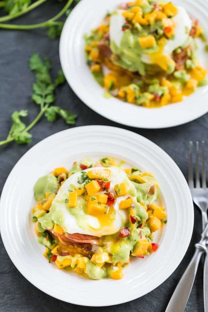 Tostones Eggs Benedict with Mango Salsa and Avocado Hollandaise | Get Inspired Everyday!