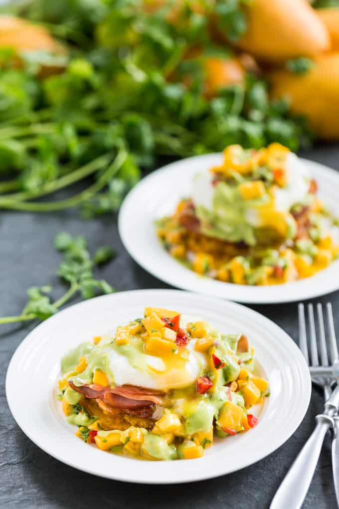 Tostones Eggs Benedict with Mango Salsa and Avocado Hollandaise | Get Inspired Everyday!