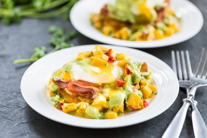 Tostones Eggs Benedict with Mango Salsa and Avocado Hollandaise | Get Inspired Everyday!