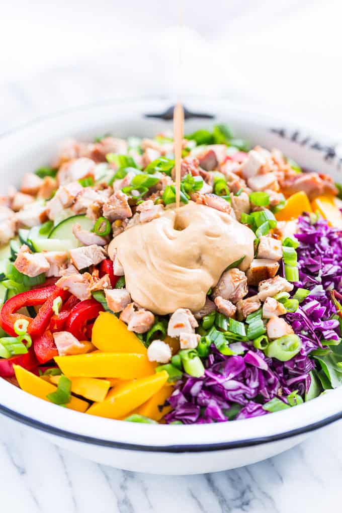 Chopped Rainbow Salad Bowls with Peanut Sauce