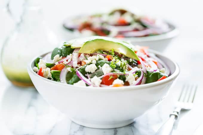 Red Pepper Feta Spinach Salad with Dill Vinaigrette | Get Inspired Everyday!