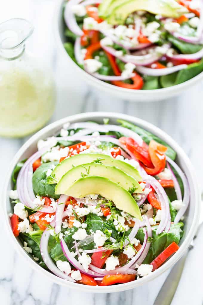 Red Pepper Feta Spinach Salad with Dill Vinaigrette | Get Inspired Everyday!