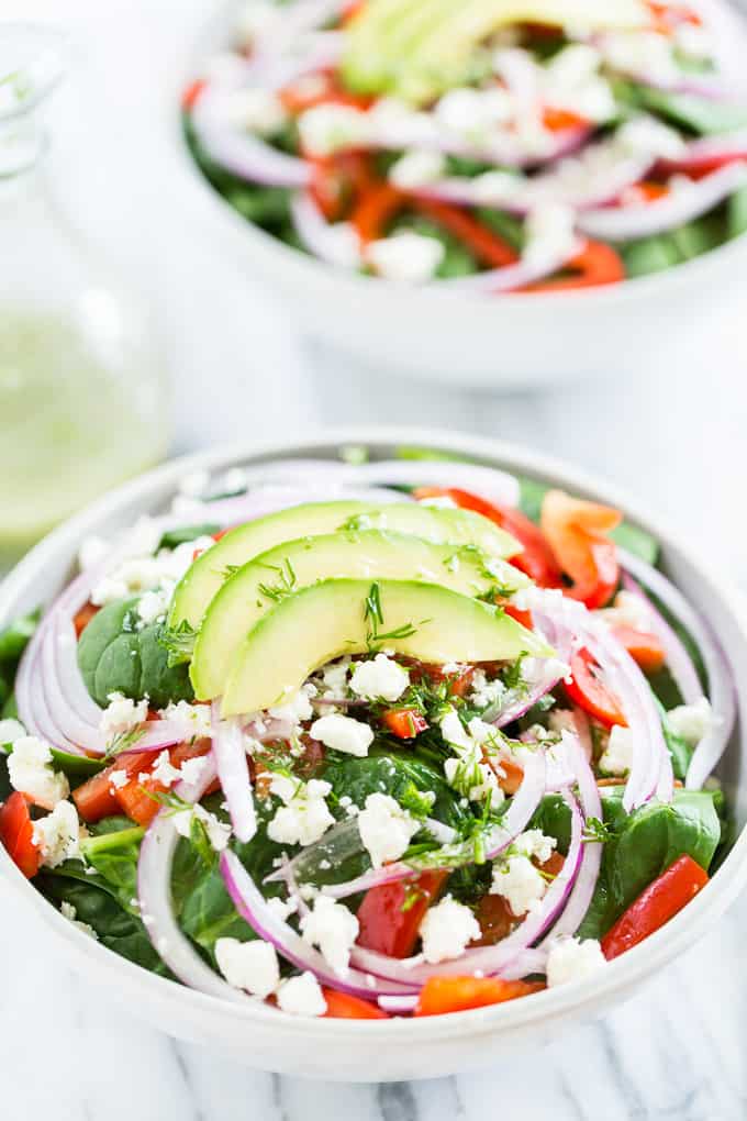 Red Pepper Feta Spinach Salad with Dill Vinaigrette | Get Inspired Everyday!