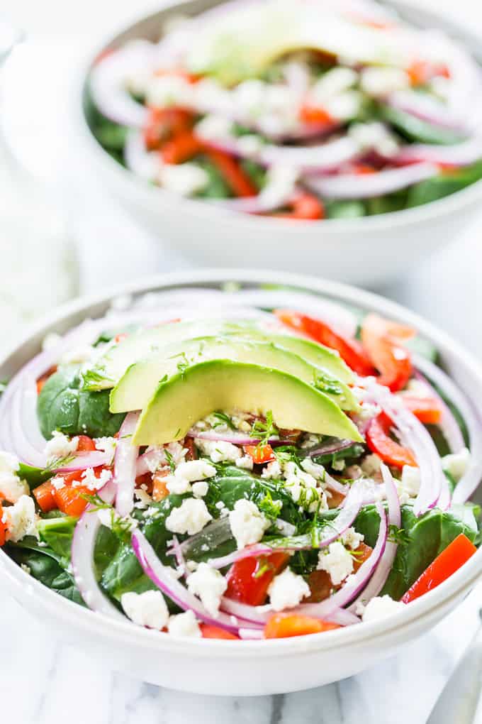 Red Pepper Feta Spinach Salad with Dill Vinaigrette | Get Inspired Everyday!