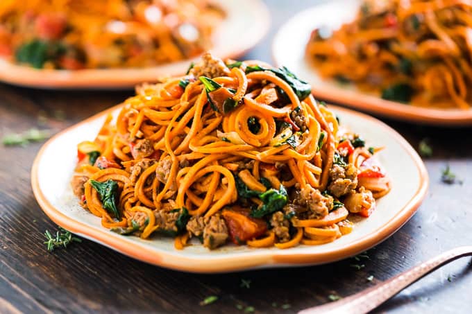 Sweet Potato Noodles with Chorizo, Roasted Red Pepper, and Spinach