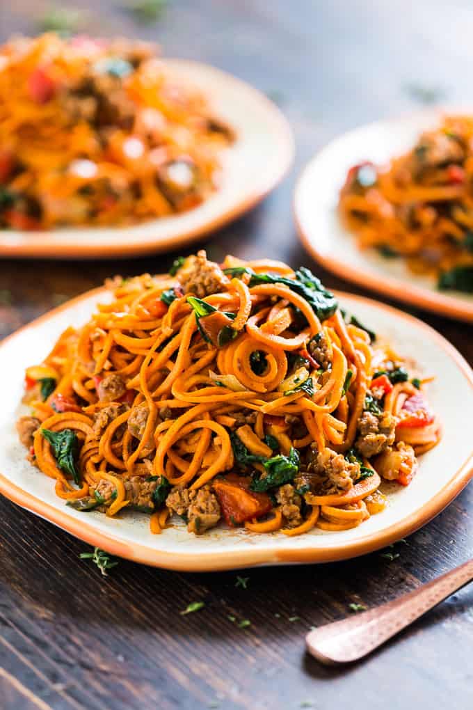 Sweet Potato Noodles with Chorizo, Roasted Red Pepper, and Spinach | Get Inspired Everyday!