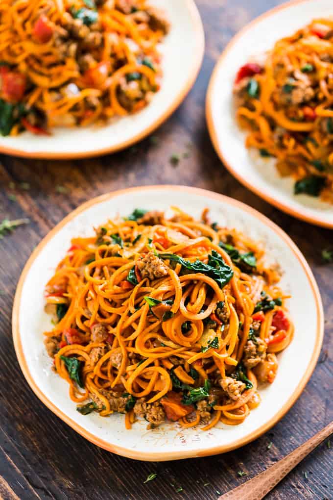 Sweet Potato Noodles with Chorizo, Roasted Red Pepper, and Spinach | Get Inspired Everyday!