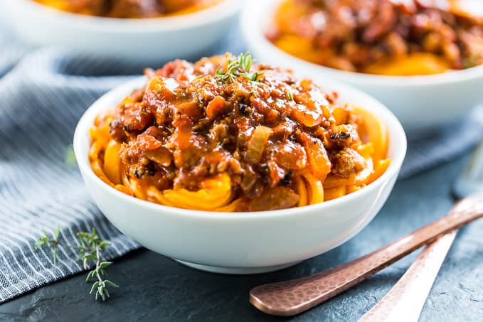 Butternut Noodles with Chorizo Spaghetti Sauce