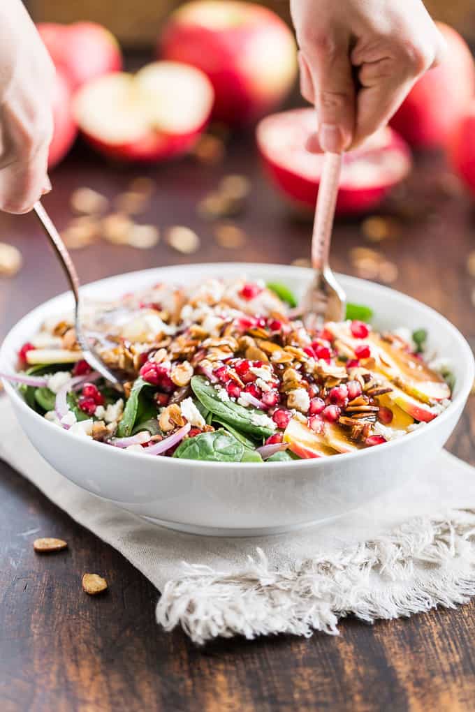 Spinach Salad with Honeycrisp Apples, Pomegranates, and Candied Nuts | Get Inspired Everyday!