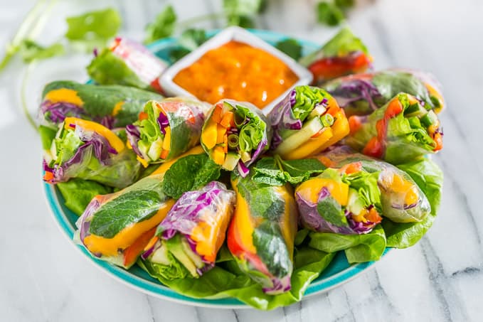 Rainbow Rice Paper Wraps with Black Sesame Sauce - Flora & Vino