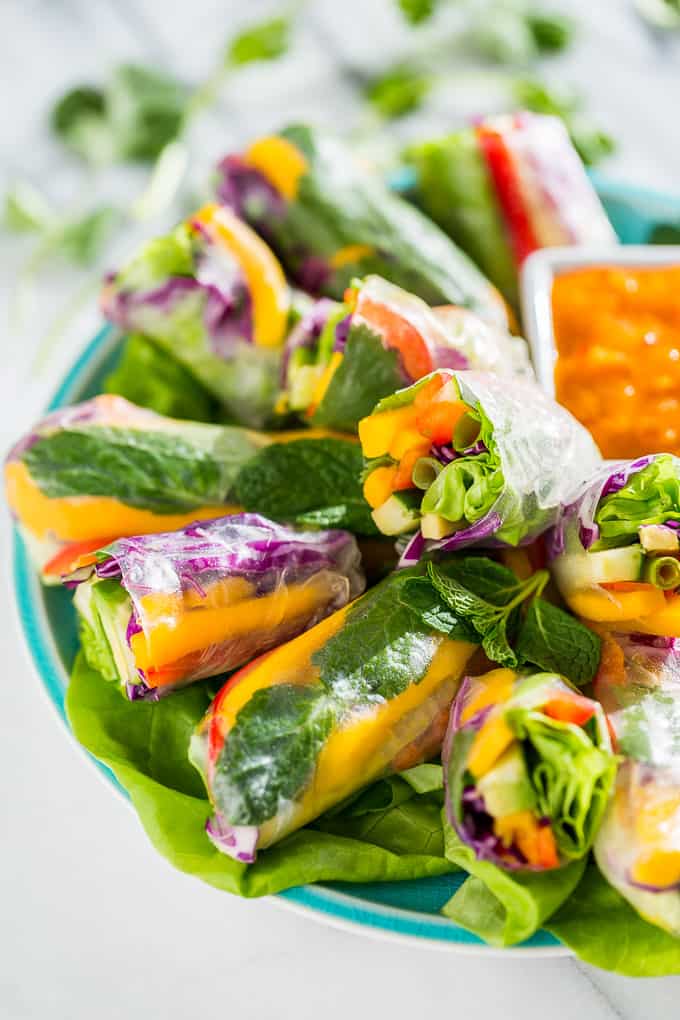 Rainbow Spring Rolls with Mango Sauce