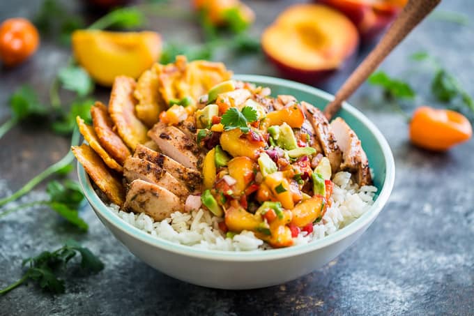 Caribbean Jerk Chicken Bowls with Peach Avocado Salsa | Get Inspired Everyday!