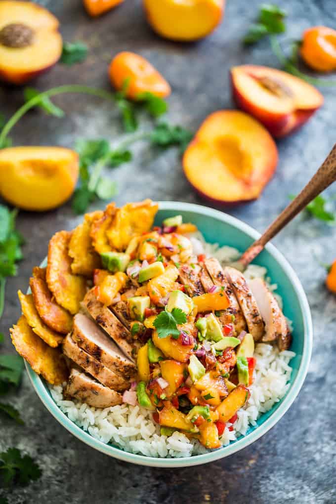 Caribbean Jerk Chicken Bowls with Peach Avocado Salsa | Get Inspired Everyday!