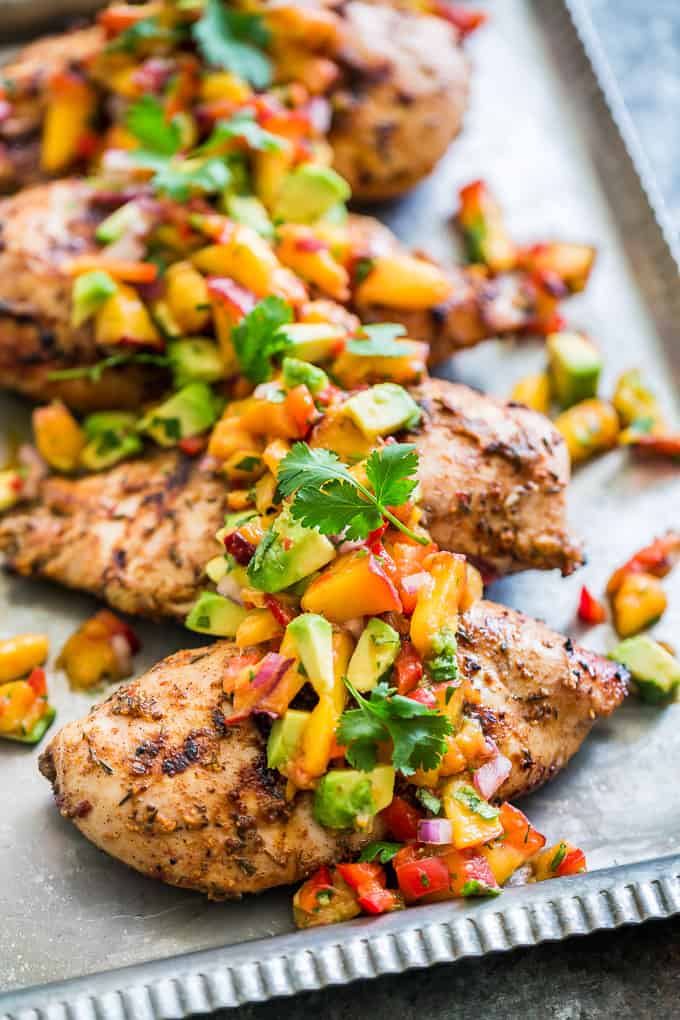 Caribbean Jerk Chicken Bowls with Peach Avocado Salsa | Get Inspired Everyday!