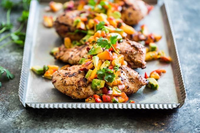 Caribbean Jerk Chicken Bowls with Peach Avocado Salsa | Get Inspired Everyday!