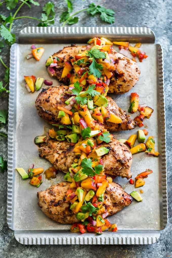 Caribbean Jerk Chicken Bowls with Peach Avocado Salsa | Get Inspired Everyday!