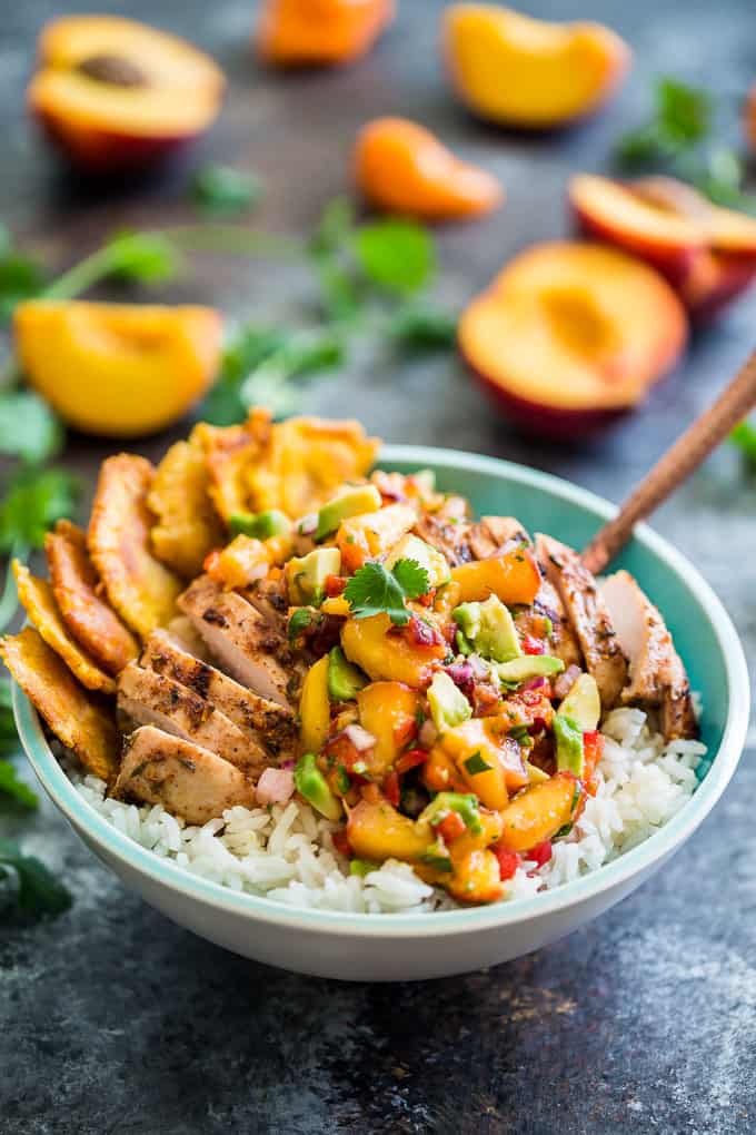 Caribbean Jerk Chicken Bowls with Peach Avocado Salsa | Get Inspired Everyday!