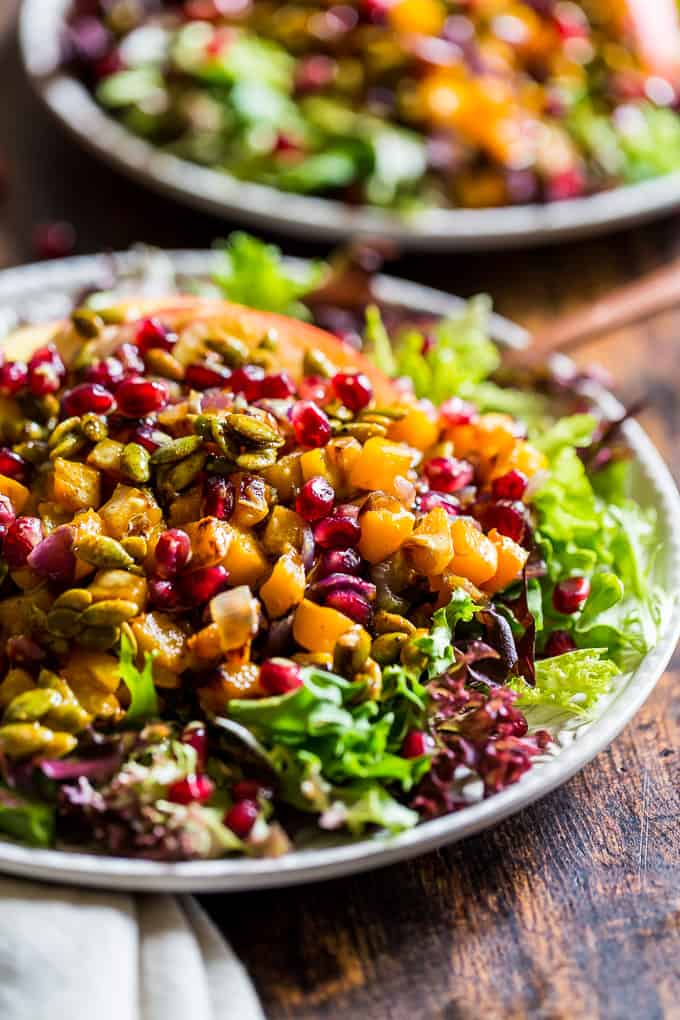 Roasted Butternut Salad with Pomegranates and Creamy Curry Dressing | Get Inspired Everyday!