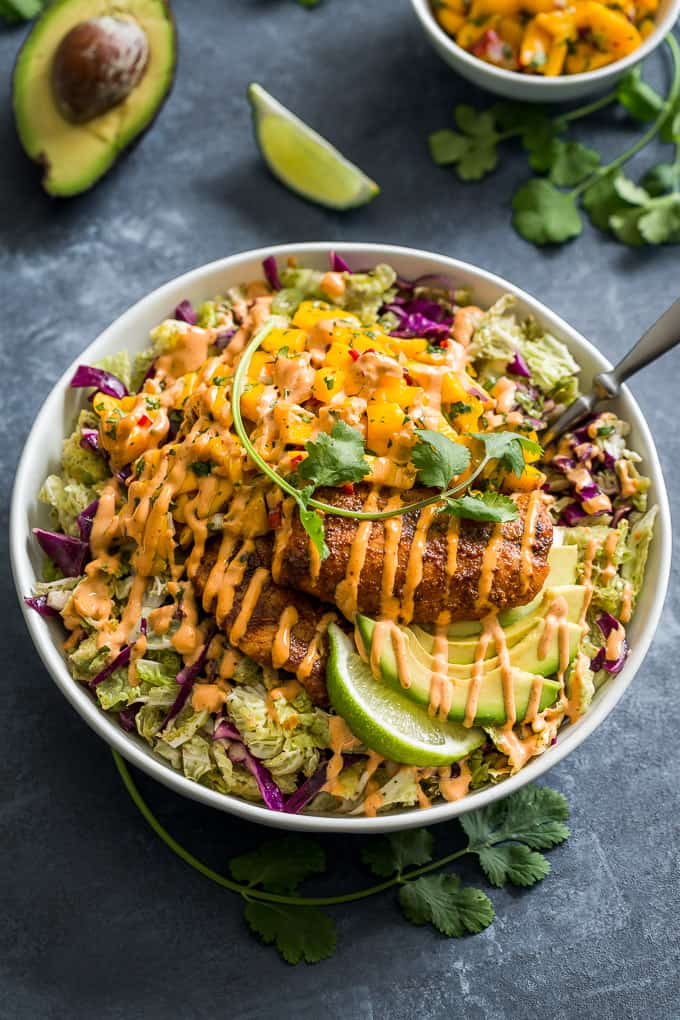 Fish Taco Slaw Bowls with Mango Salsa and Chipotle Aioli | Get Inspired Everyday!