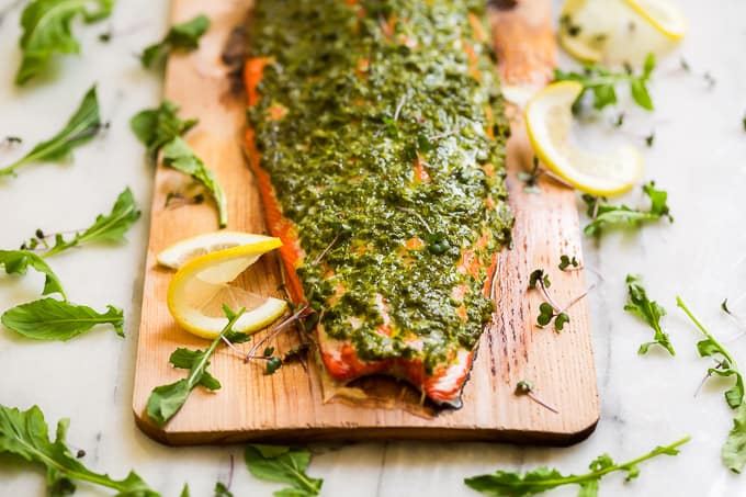 Cedar Plank Grilled Salmon with Mixed Herb Chimichurri | Get Inspired Everyday!