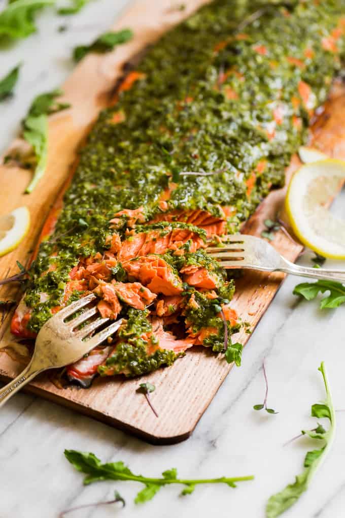 Cedar Plank Grilled Salmon with Mixed Herb Chimichurri | Get Inspired Everyday!
