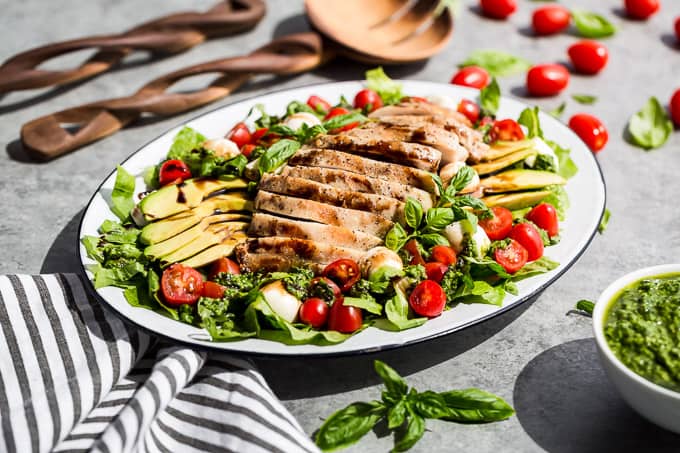 Caprese Dinner Salad with Grilled Chicken and Pesto Dressing | Get Inspired Everyday!